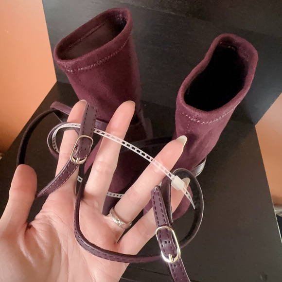 GUESS Burgundy Purple Mixed Media Buckled Strap Acora Point Toe Wedge dress Boot - Picture 11 of 13